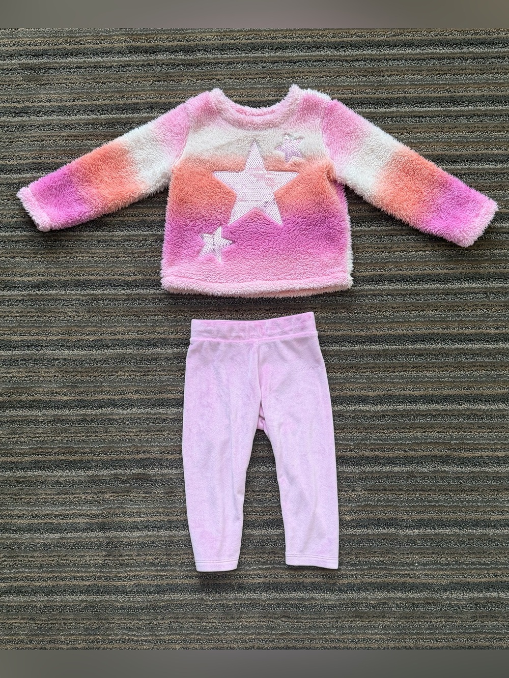 The Children's Place Pink Orange Purple Star Fuzzy Top and Pink Leggings Set